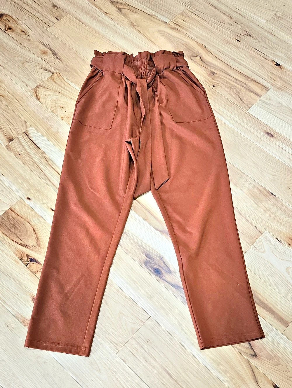 Grace Karin Women's Cropped Paper Bag Waist Pants with Pockets Brown Medium